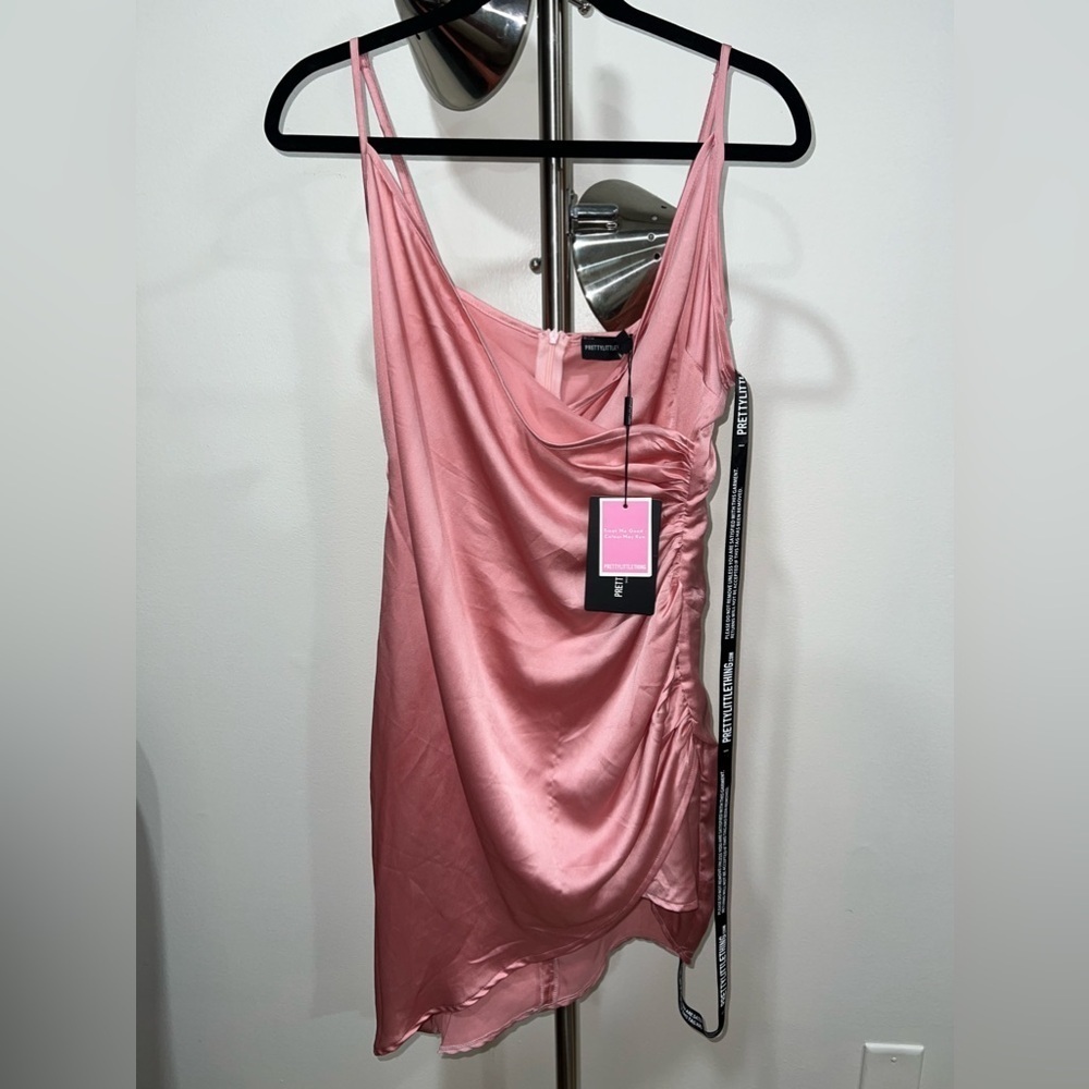 PrettyLittleThing Shape Pink Satin Wrap Dress